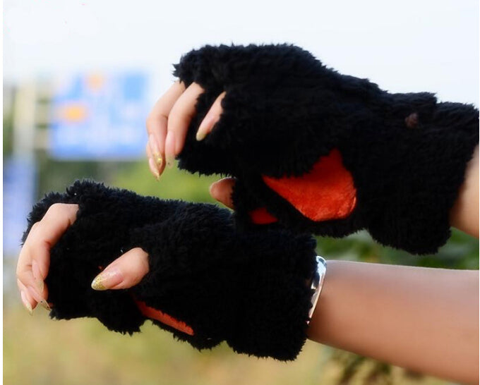 Fluffy Plush Paw Fingerless Gloves