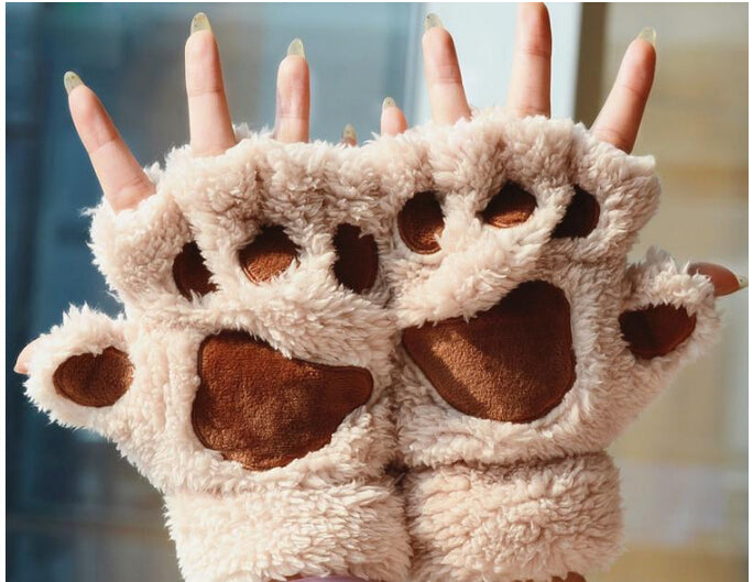 Fluffy Plush Paw Fingerless Gloves