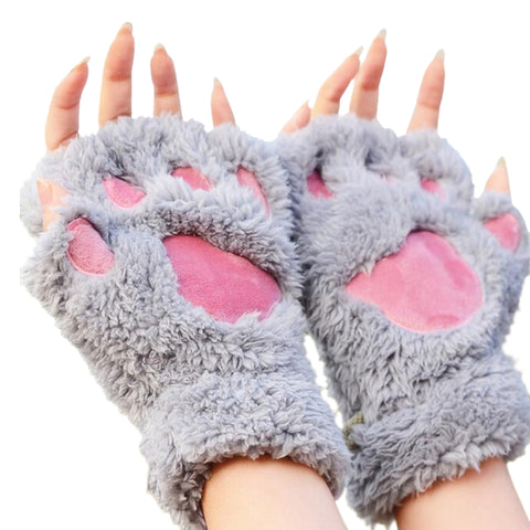 Fluffy Plush Paw Fingerless Gloves