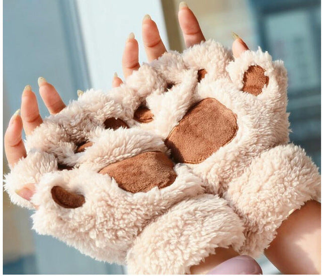 Fluffy Plush Paw Fingerless Gloves