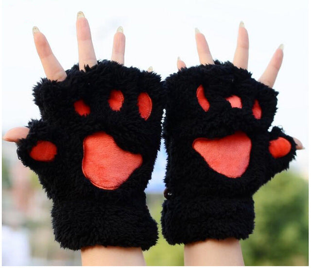Fluffy Plush Paw Fingerless Gloves