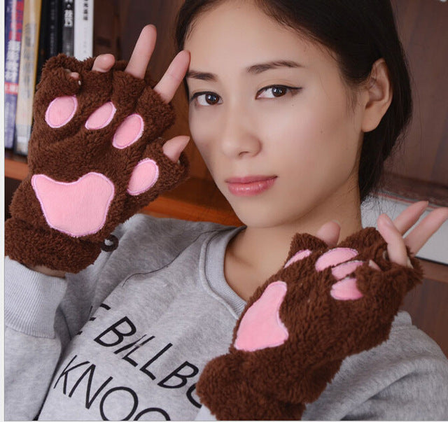 Fluffy Plush Paw Fingerless Gloves