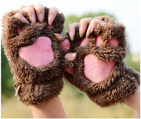 Fluffy Plush Paw Fingerless Gloves